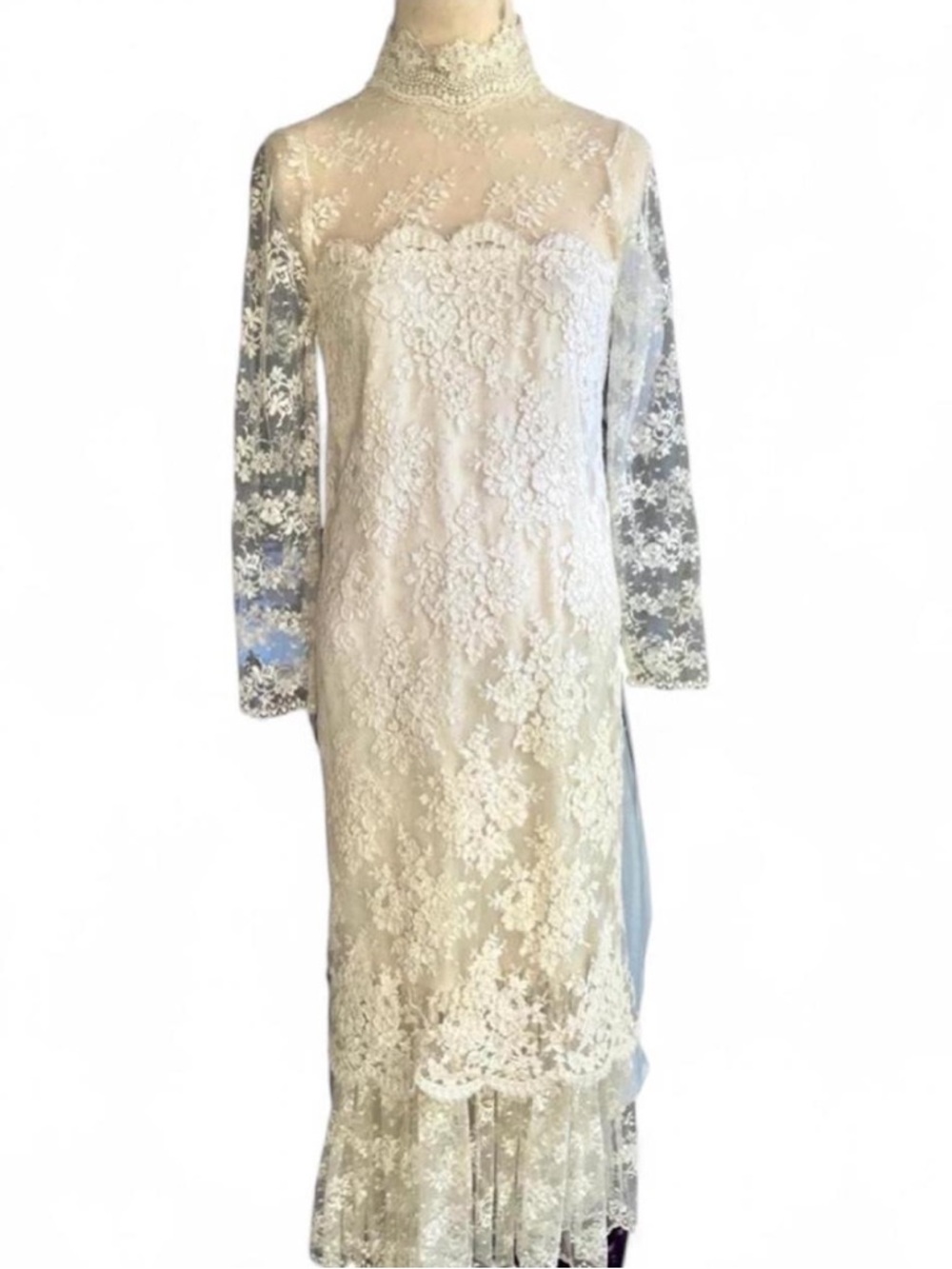 Gunne Sax Vintage 70s Jessica McClintock Cream Lace Long Sleeve Dress Sz 4